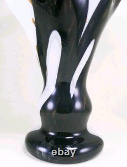 Murano Style Hand Blown Gold Glitter Black Brushstroke Ruffle Art Glass Vase 13