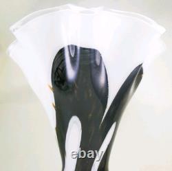 Murano Style Hand Blown Gold Glitter Black Brushstroke Ruffle Art Glass Vase 13