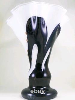 Murano Style Hand Blown Gold Glitter Black Brushstroke Ruffle Art Glass Vase 13