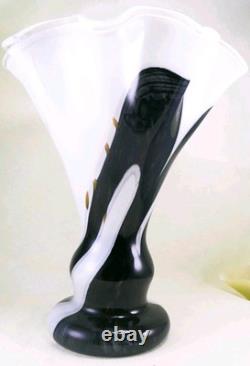 Murano Style Hand Blown Gold Glitter Black Brushstroke Ruffle Art Glass Vase 13