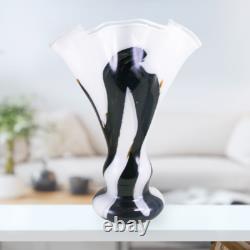 Murano Style Hand Blown Gold Glitter Black Brushstroke Ruffle Art Glass Vase 13