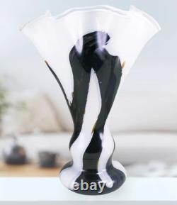 Murano Style Hand Blown Gold Glitter Black Brushstroke Ruffle Art Glass Vase 13
