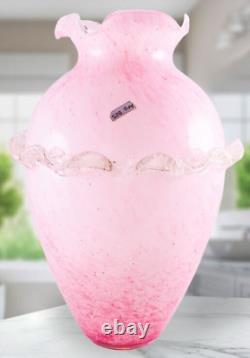 Murano Style Hand Blown Italy Pink Arg 925 Silver Ruffled Art Glass Vase 12Tall