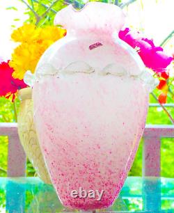 Murano Style Hand Blown Italy Pink Arg 925 Silver Ruffled Art Glass Vase 12Tall