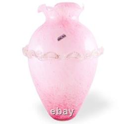 Murano Style Hand Blown Italy Pink Arg 925 Silver Ruffled Art Glass Vase 12Tall