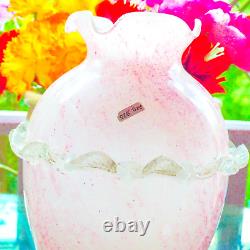 Murano Style Hand Blown Italy Pink Arg 925 Silver Ruffled Art Glass Vase 12Tall