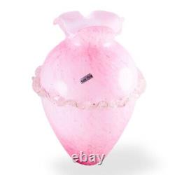 Murano Style Hand Blown Italy Pink Arg 925 Silver Ruffled Art Glass Vase 12Tall