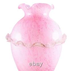 Murano Style Hand Blown Italy Pink Arg 925 Silver Ruffled Art Glass Vase 12Tall