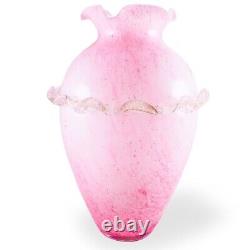 Murano Style Hand Blown Italy Pink Arg 925 Silver Ruffled Art Glass Vase 12Tall