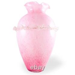 Murano Style Hand Blown Italy Pink Arg 925 Silver Ruffled Art Glass Vase 12Tall