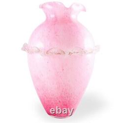 Murano Style Hand Blown Italy Pink Arg 925 Silver Ruffled Art Glass Vase 12Tall