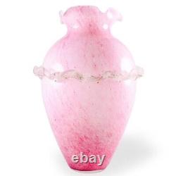 Murano Style Hand Blown Italy Pink Arg 925 Silver Ruffled Art Glass Vase 12Tall