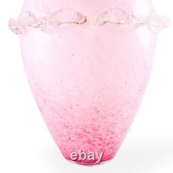 Murano Style Hand Blown Italy Pink Arg 925 Silver Ruffled Art Glass Vase 12Tall