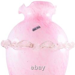 Murano Style Hand Blown Italy Pink Arg 925 Silver Ruffled Art Glass Vase 12Tall