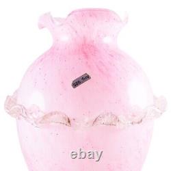 Murano Style Hand Blown Italy Pink Arg 925 Silver Ruffled Art Glass Vase 12Tall