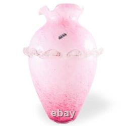 Murano Style Hand Blown Italy Pink Arg 925 Silver Ruffled Art Glass Vase 12Tall