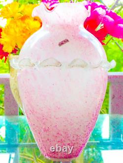 Murano Style Hand Blown Italy Pink Arg 925 Silver Ruffled Art Glass Vase Vintage