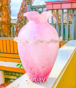 Murano Style Hand Blown Italy Pink Arg 925 Silver Ruffled Art Glass Vase Vintage