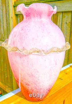 Murano Style Hand Blown Italy Pink Arg 925 Silver Ruffled Art Glass Vase Vintage