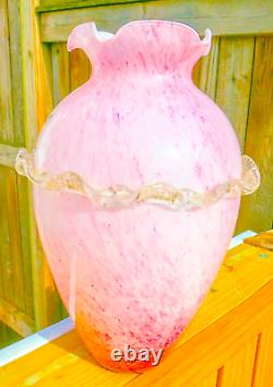 Murano Style Hand Blown Italy Pink Arg 925 Silver Ruffled Art Glass Vase Vintage