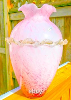 Murano Style Hand Blown Italy Pink Arg 925 Silver Ruffled Art Glass Vase Vintage