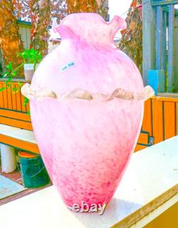 Murano Style Hand Blown Italy Pink Arg 925 Silver Ruffled Art Glass Vase Vintage