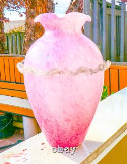 Murano Style Hand Blown Italy Pink Arg 925 Silver Ruffled Art Glass Vase Vintage