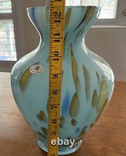Murano Style Hand Blown Large Cased Glass Vase Italy Turquoise Spotted