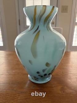 Murano Style Hand Blown Large Cased Glass Vase Italy Turquoise Spotted