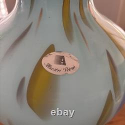 Murano Style Hand Blown Large Cased Glass Vase Italy Turquoise Spotted