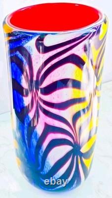 Murano Style Hand Blown Rainbow Art Glass Vase Swirled Ribbon Heavy 6 lb 10
