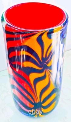 Murano Style Hand Blown Rainbow Art Glass Vase Swirled Ribbon Heavy 6 lb 10