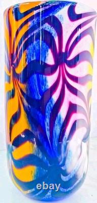 Murano Style Hand Blown Rainbow Art Glass Vase Swirled Ribbon Heavy 6 lb 10