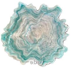 Murano Style Italy Art Glass Aqua White Hand Blown, Free Form Oyster Plate/Bowl