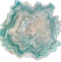 Murano Style Italy Art Glass Aqua White Hand Blown, Free Form Oyster Plate/Bowl