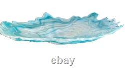 Murano Style Italy Art Glass Aqua White Hand Blown, Free Form Oyster Plate/Bowl