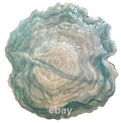 Murano Style Italy Art Glass Aqua White Hand Blown, Free Form Oyster Plate/Bowl
