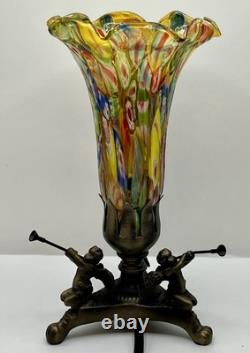 Murano Style Millefiori Hand Blown Glass Lamp Cherub Trumpet Blowers Metal Base