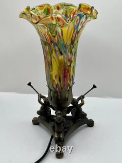 Murano Style Millefiori Hand Blown Glass Lamp Cherub Trumpet Blowers Metal Base