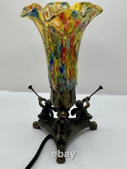 Murano Style Millefiori Hand Blown Glass Lamp Cherub Trumpet Blowers Metal Base