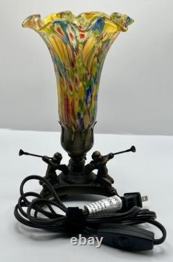 Murano Style Millefiori Hand Blown Glass Lamp Cherub Trumpet Blowers Metal Base