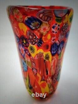 Murano Style Millefiori Red Hand Blown Glass Vase Unsigned Vintage Vecchia