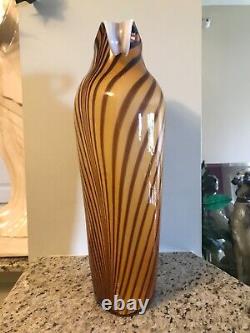 Murano Style Vase Large 16 Inch Tiger Stripe Yellow Brown Tall Hand Blown