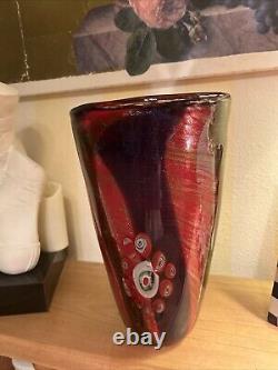 Murano Style Vase Red & Gold Millefiori Hand Blown Glass Heavy 6.7 Lb 12 Tall