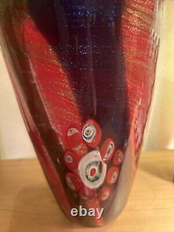 Murano Style Vase Red & Gold Millefiori Hand Blown Glass Heavy 6.7 Lb 12 Tall