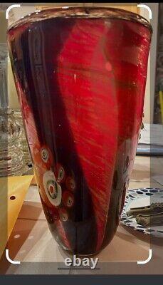 Murano Style Vase Red & Gold Millefiori Hand Blown Glass Heavy 6.7 Lb 12 Tall