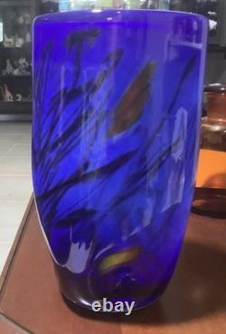 Murano Styled Hand-Blown Glass Vase, Cobalt Blue with Accent Colors & Black Web