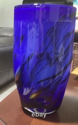 Murano Styled Hand-Blown Glass Vase, Cobalt Blue with Accent Colors & Black Web