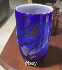 Murano Styled Hand-Blown Glass Vase, Cobalt Blue with Accent Colors & Black Web