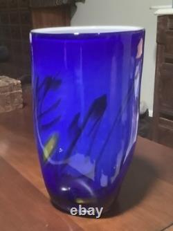Murano Styled Hand-Blown Glass Vase, Cobalt Blue with Accent Colors & Black Web